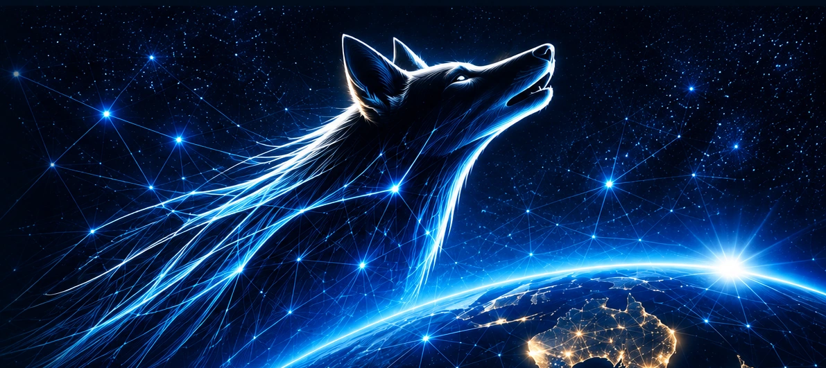 Howling Australian dingo above the illuminated Earth and Australia